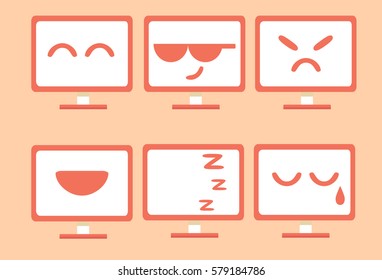 A set of computer emotions. Simple linear emotions on the computer monitor, happy, cool glasses, angry, laughing, sleep, crying.
