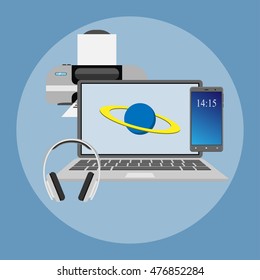 A set of computer equipment. Laptop, printer, headset, smartphone. Icon of computer equipment. Isolated on a blue background. Flat.