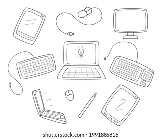 A set of computer equipment. Monitor, keyboard and mouse. Computer tablets and laptops.Contour black and white isolated illustration in doodle style on white.