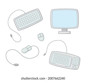 A set of computer equipment. Monitor, keyboard and mouse.Colored isolated illustrations in cartoon style with an outline on a white background.