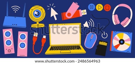 Set of computer equipment in trendy style. Laptop, mouse, speakers, camera, headphones, router, cabel, flash drive.