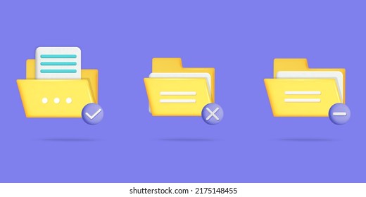 Set of computer file folder symbols design. Folder with check and cross marks icon. Digital file organization and store idea.
