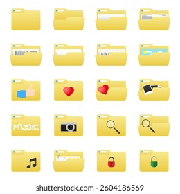 A set of computer folder icons with different content. Folders for photos, videos and documents.
