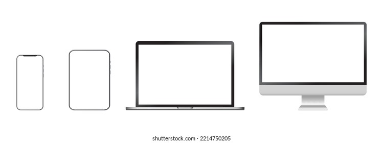 Set Of Computer Gadgets, Devices With Blank Screen Set - Laptop, Smartphone, Tablet, Personal Computer Monitor. Vector UI UX Mock-up, Illustration