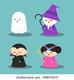 Set of computer game characters: Ghost, Wizard, Dracula, Princess / flat editable vector illustration, clip art