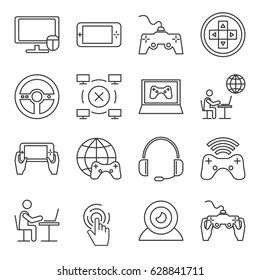 Set of computer games Related Vector Line Icons. Includes such Icons as game, computer, e-sports, headphones, game console, webcam