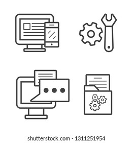 Set computer with gears and chat icon vector in line style for web, graphic and mobile design. Computer mechanical icon vector isolated on white background. Vector illustration EPS.8 EPS.10