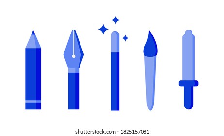 Conjunto de herramientas de artista gráfico de computadora como lápiz, pincel, cuentagotas, pincel, herramienta de bolígrafo, varita mágica. Concepto de trabajo de artistas de gráficos informáticos o cg. Ilustración del vector