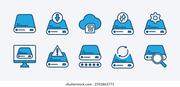 Set of computer hard disk drive technology icon. Containing save, data storage process, memory cloud, data transfer, setting, warning, password key, searching, process. Vector illustration