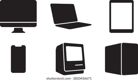Set of computer hardware icons including desktop monitor laptop tablet smartphone classic pc and server tower.