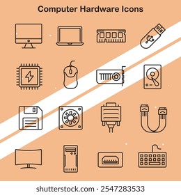 Set of computer hardware icons representing electronic devices and components ideal for technology and IT themes.