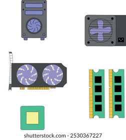 set of computer hardware icons, video card, processor, power supply and case