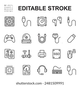Set of computer hardware related line icons.