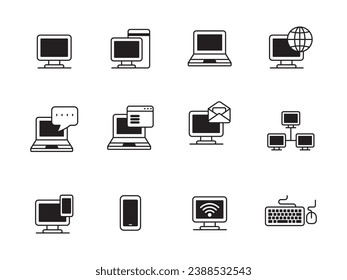 Set of computer icons with black style on white background. Computer signs collection
