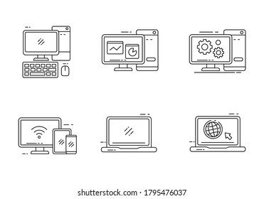Set of computer icons draw in outline style isolated on white background 