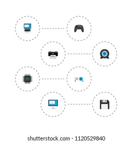 Set of computer icons flat style symbols with monitor, printing machine, notebook and other icons for your web mobile app logo design.