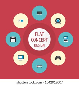 Set of computer icons flat style symbols with monitor, laptop, modem and other icons for your web mobile app logo design.