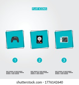 Set of computer icons flat style symbols with joystick, hdd, game console and other icons for your web mobile app logo design.