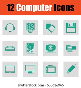 Set of computer icons. Green on gray design. Vector illustration.
