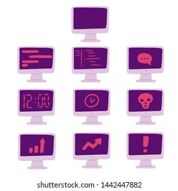 Set of computer icons with inscriptions, schedule, clock, program code, chat, messenger , arrow, speech, skull and exclamation mark