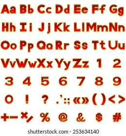 Set of computer icons, letters of English Alphabet, numbers, mathematical and punctuation signs, stylized glass red buttons with golden frames, elements for web design. Eps10, contains transparencies