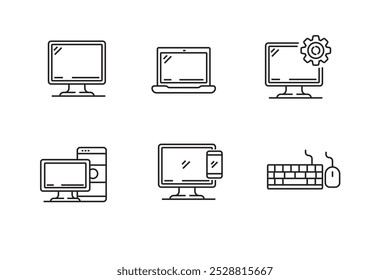 Set of computer icons with line style on a white background