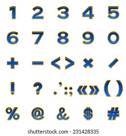 Set of computer icons, numbers, mathematical and punctuation signs, stylized glass blue buttons with golden frames, elements for web design. Eps10, contains transparencies. Vector