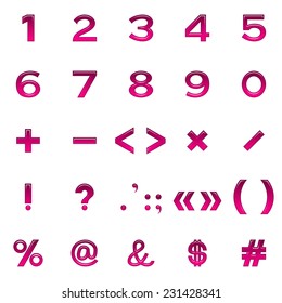 Set of computer icons, numbers, mathematical and punctuation signs, stylized glass lilac buttons, elements for web design. Eps10, contains transparencies. Vector