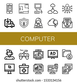 Set of computer icons. Such as Ebook, Loading, Blueprint, Protection, Computer, Customer service agent, Cloud computing, Cloud, Lock, Contact us, Support, Screen , computer icons