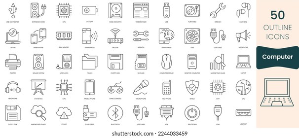 Set of computer icons. Thin outline icons pack. Vector illustration