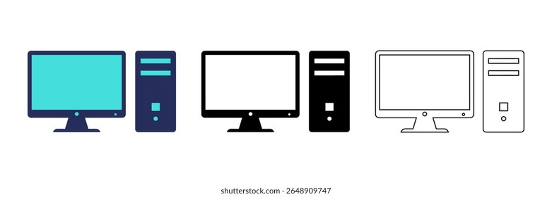 A set of computer icons in various styles, including blue, black, and grey, isolated on white background