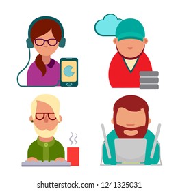Set of computer icons. Vector computer scientists. Programmer, Designer, administrator, seo. Flat image isolated on white. Cartoon characters, business, Internet. Specialist typing on the keyboard.