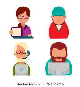 Set of computer icons. Vector computer scientists. Programmer, Designer, administrator, seo. Flat image isolated on white. Cartoon characters, business, Internet. Specialist typing on the keyboard.