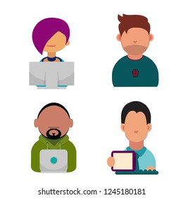Set of computer icons. Vector computer scientists. Programmer, Designer, administrator, seo. Flat image isolated on white. Cartoon characters, business, Internet. Specialist typing on the keyboard.