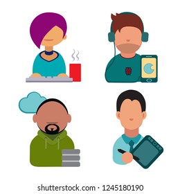 Set of computer icons. Vector computer scientists. Programmer, Designer, administrator, seo. Flat image isolated on white. Cartoon characters, business, Internet. Specialist typing on the keyboard.
