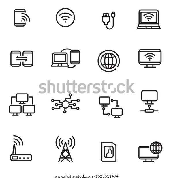 Set of computer and internet network icons in\
thin line design isolated on white\
