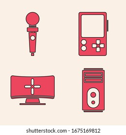 Set Computer, Joystick for arcade machine, Portable video game console and Computer monitor icon. Vector