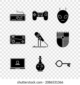 Set Computer keyboard, Gamepad, Alien, Laptop, Bottle with magic elixir, Ancient for game, Mobile and playing in and Microphone icon. Vector