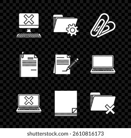 Set Computer with keyboard and x mark, Folder settings gears, Paper clip, Laptop cross on screen, File document, Delete folder, paper and Blank notebook pencil eraser icon. Vector