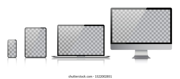 Set of computer, laptop, tablet and phone in realistic vector style.