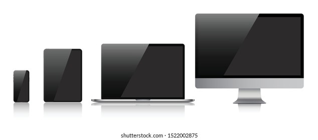 Set of computer, laptop, tablet and phone in realistic vector style.