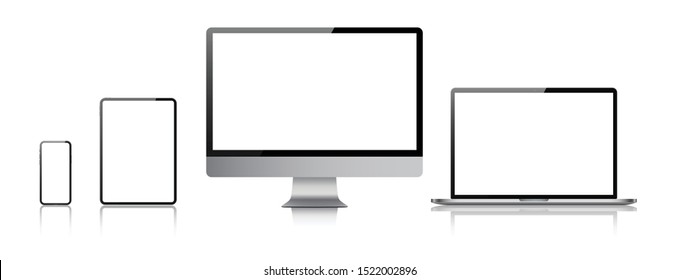 Set of computer, laptop, tablet and phone in realistic vector style.