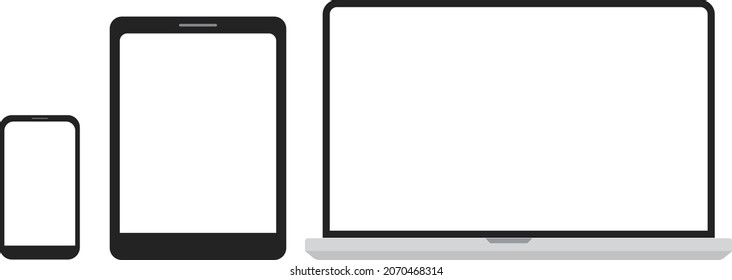 Set of computer, laptop, tablet and phone in a flat vector style.