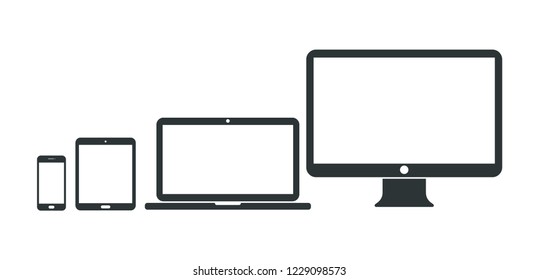 Set of computer, laptop, tablet and smartphone icons. Vector illustration.