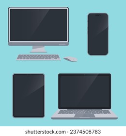 Set of computer, mobile phone and laptop. Vector illustration in flat style