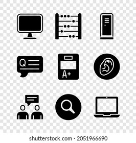 Set Computer monitor, Abacus, Locker changing room, Two sitting men talking, Magnifying glass, Laptop, Speech bubbles with Question and Exam sheet plus grade icon. Vector