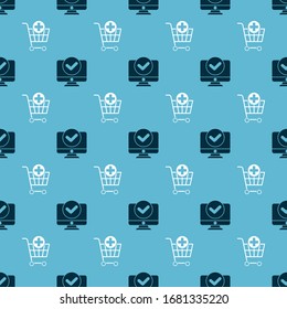 Set Computer monitor and Add to Shopping cart on seamless pattern. Vector