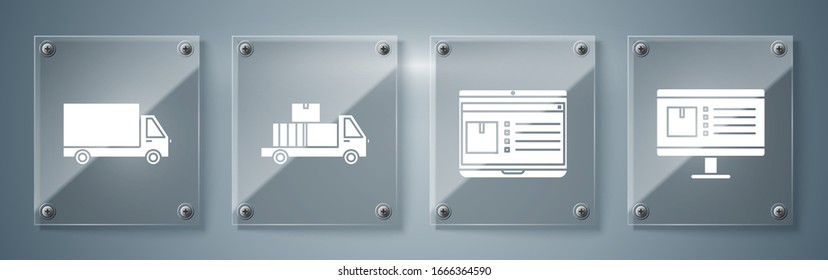Set Computer monitor with app delivery tracking , Laptop with app delivery tracking , Delivery truck with cardboard boxes and Delivery cargo truck vehicle . Square glass panels. Vector
