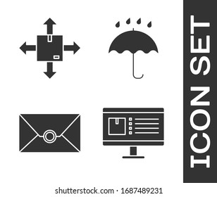 Set Computer monitor with app delivery tracking , Cardboard box with traffic symbol, Envelope  and Umbrella and rain drops  icon. Vector