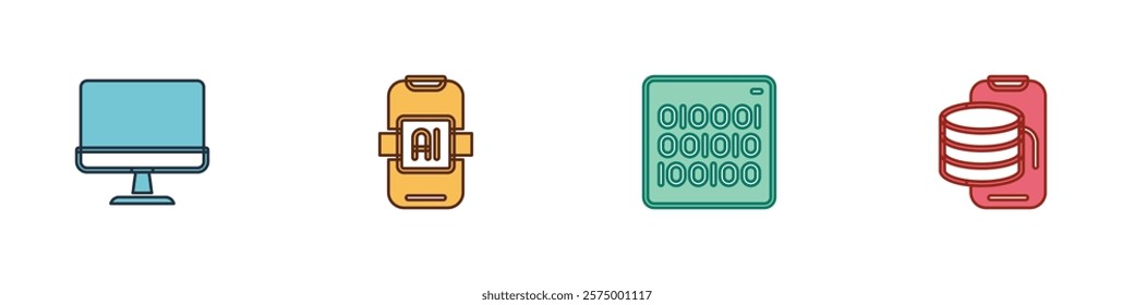 Set Computer monitor, Artificial intelligence AI, Binary code and Cloud technology data transfer icon. Vector